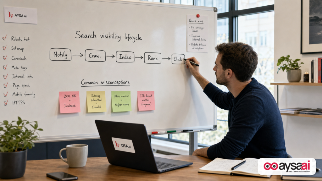 Whiteboard diagram showing Notify, Crawl, Index, Rank, and Click as separate steps in search visibility.