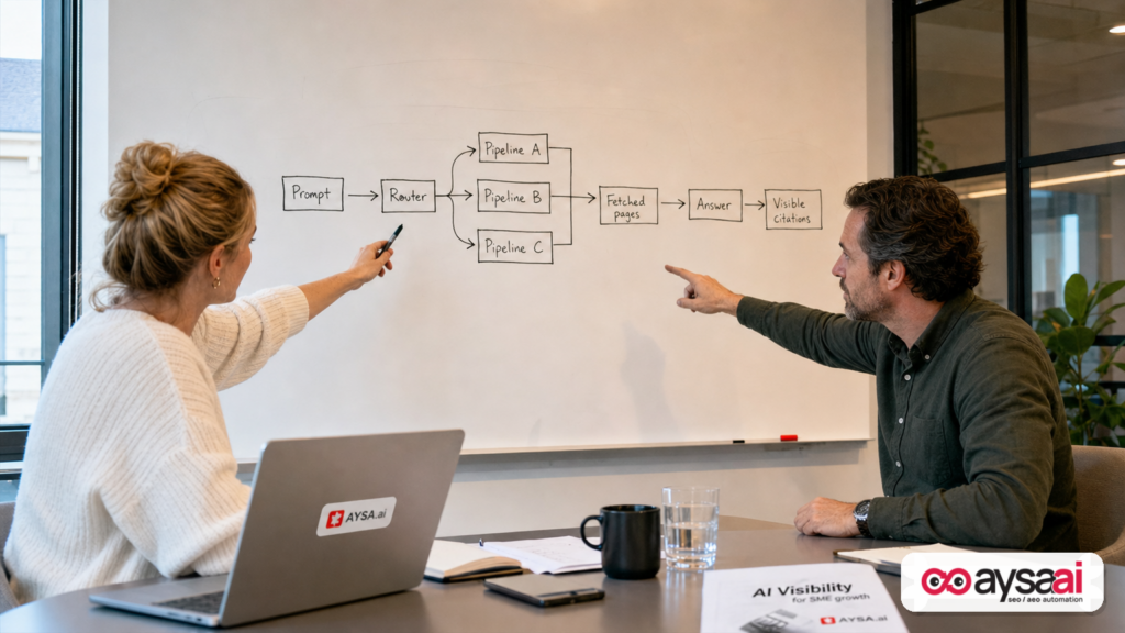Whiteboard diagram showing an AI prompt being routed through different retrieval pipelines before producing citations.