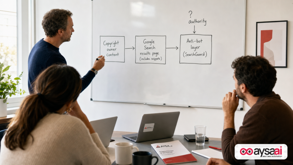 Whiteboard diagram showing content owners, search results, and an anti-bot layer with an authority question mark.