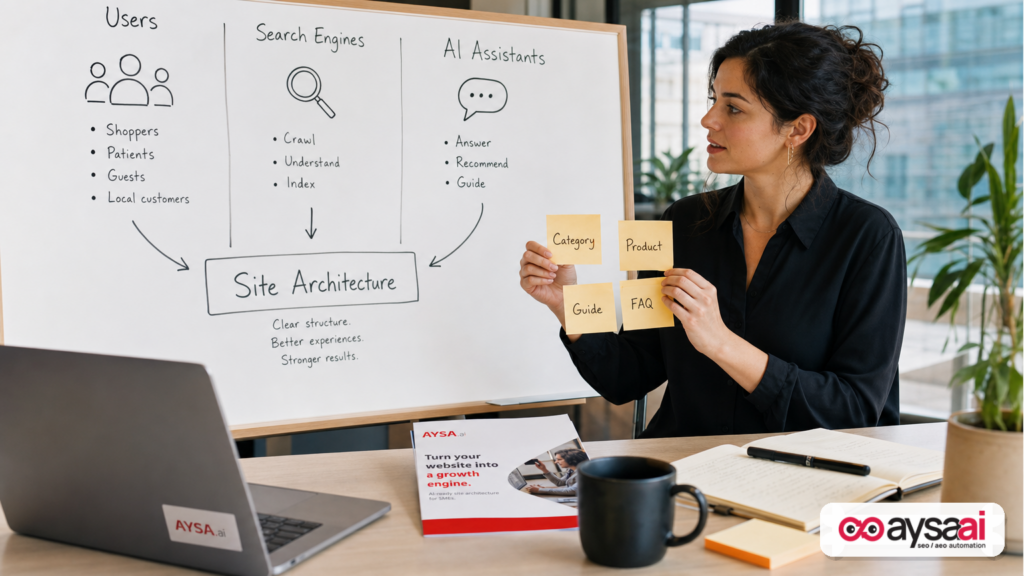 Whiteboard diagram showing how site architecture connects users, search engines, and AI assistants to content.