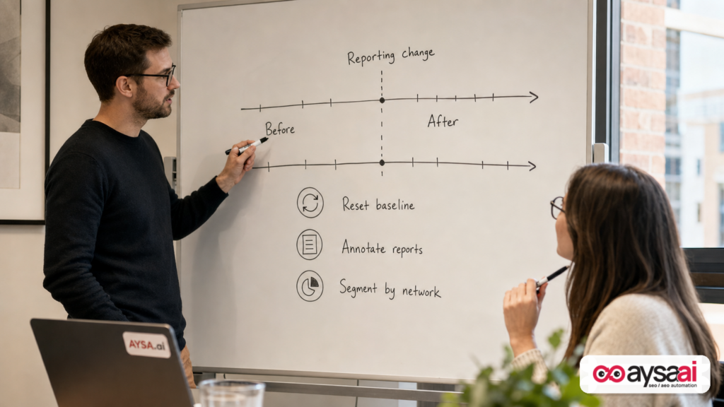 Whiteboard diagram showing how to reset reporting baselines after a measurement change.