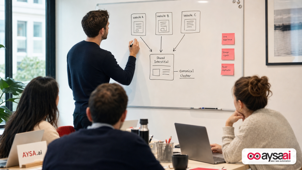 Whiteboard diagram showing multiple sites sharing similar interstitial pages that can confuse canonical selection.
