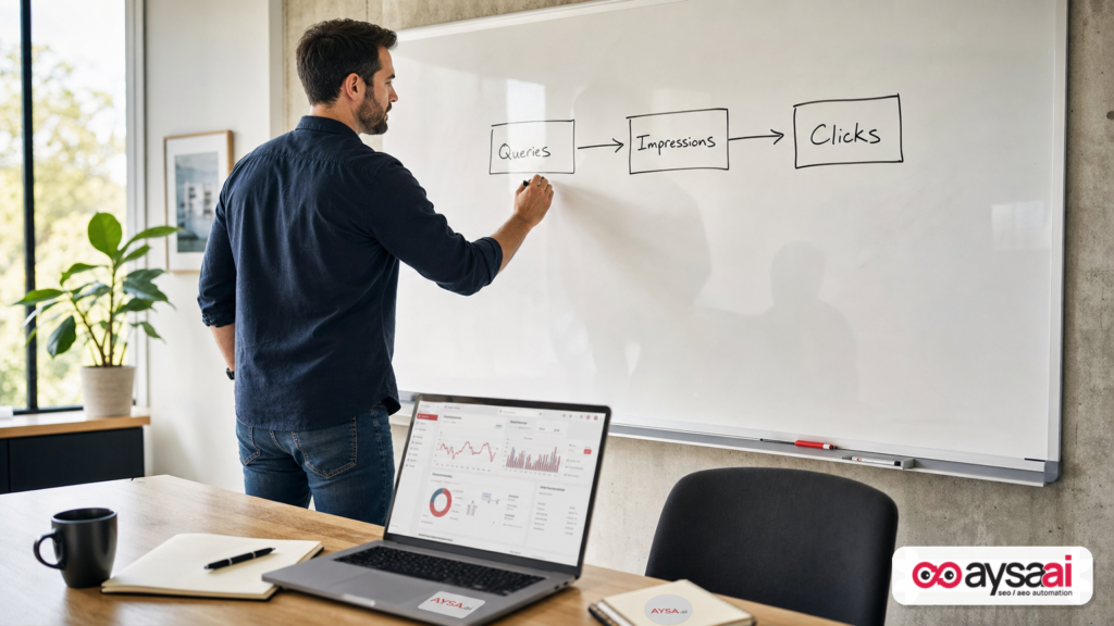 Whiteboard diagram showing queries, impressions, and clicks as separate steps in a funnel.