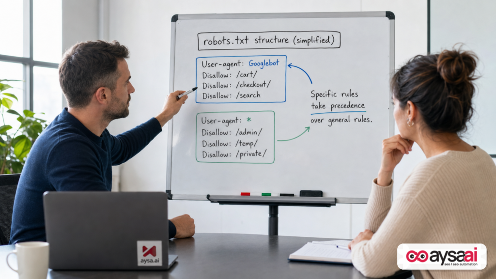 Whiteboard diagram showing robots.txt user-agent groups and how a Googlebot-specific section can override global rules