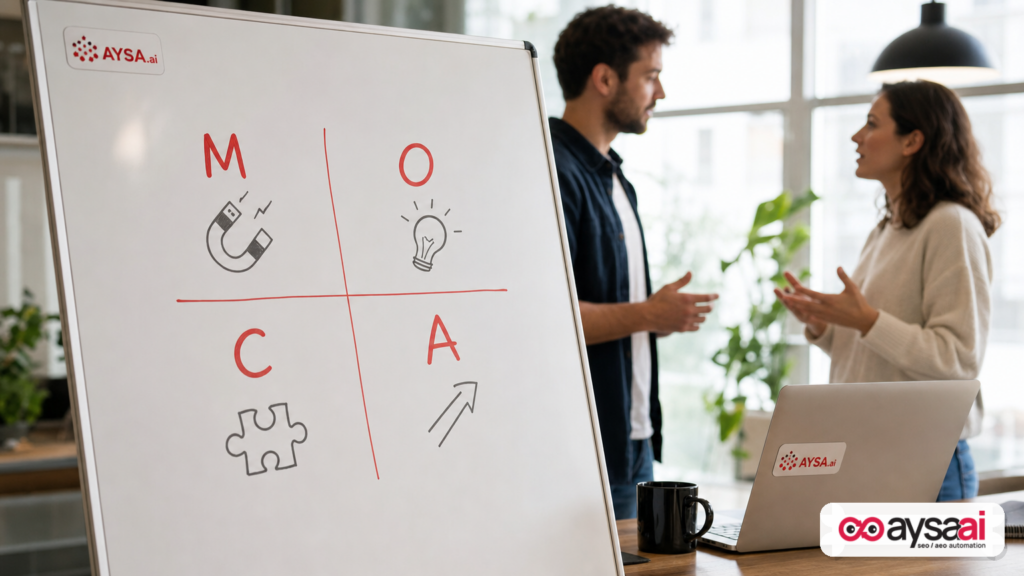 Whiteboard divided into four quadrants labeled M O C A as a creative evaluation framework.