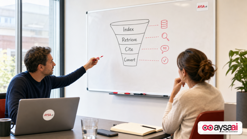 Whiteboard drawing of an AI citation funnel: Index, Retrieve, Cite, Convert.