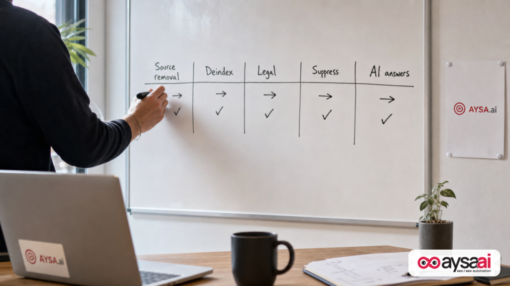 Whiteboard framework outlining five reputation management levers: removal, deindexing, legal, suppression, and AI answers.