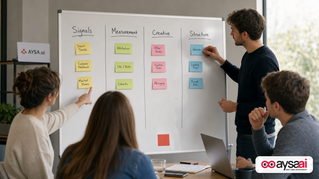 Whiteboard framework showing the four levers: signals, measurement, creative, and structure.