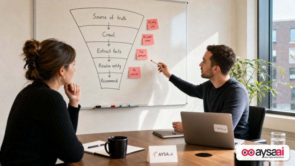 Whiteboard funnel showing where business identity data can drop off before AI recommendations.