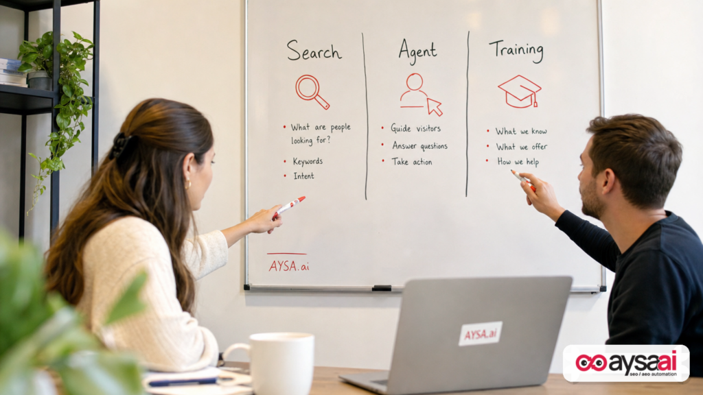 Whiteboard illustrating the three crawler behaviors: Search, Agent, and Training.