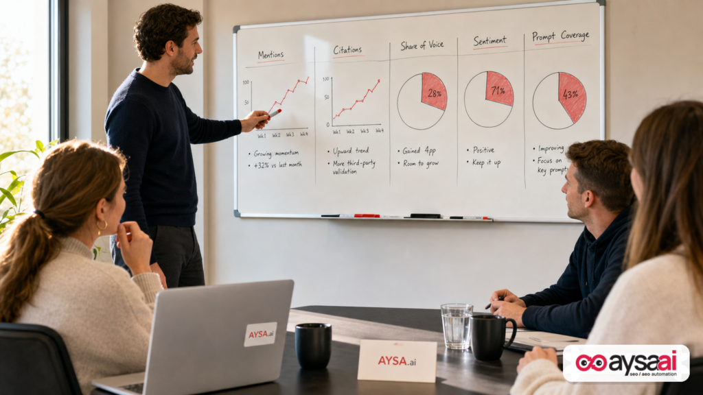 Whiteboard scorecard listing AI visibility metrics like mentions, citations, share of voice, and sentiment.