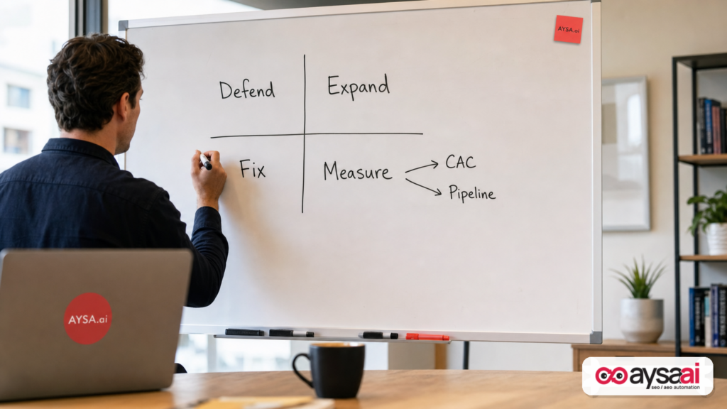 Whiteboard showing a simple framework connecting SEO work to CAC and pipeline.