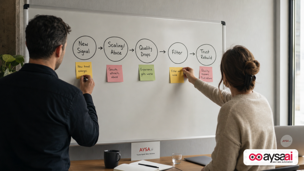 Whiteboard showing a simple lifecycle of how new ranking signals get abused and then filtered.