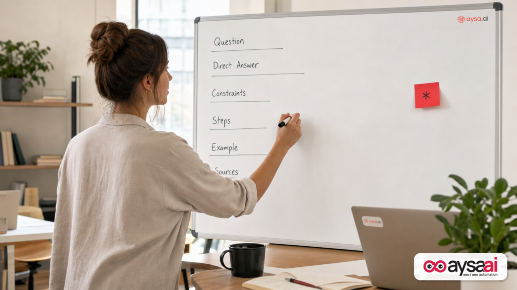 Whiteboard showing a structured outline for a specific article with direct answer, steps, example, and sources.