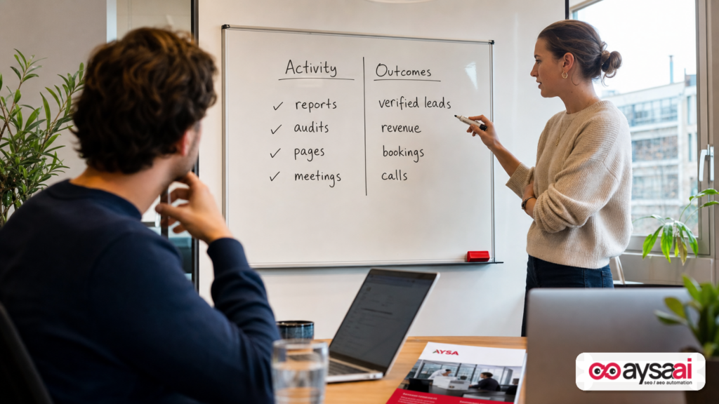 Whiteboard showing activity versus outcomes in an SEO contract discussion.