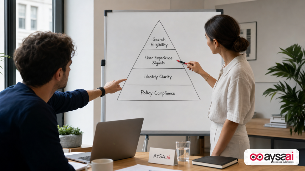 Whiteboard showing layered advertiser eligibility model: compliance, identity, user experience signals, and search eligibility.