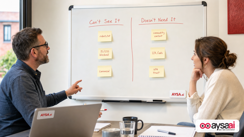 Whiteboard showing two-column framework for diagnosing crawled-not-indexed: technical visibility vs. value/quality.