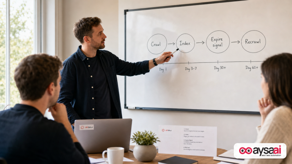 Whiteboard timeline showing crawl and recrawl steps required to see updated expiration signals.