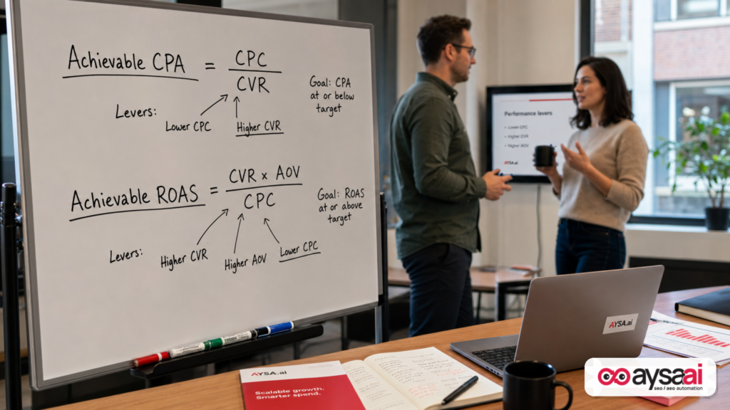 Whiteboard with achievable CPA and achievable ROAS formulas based on CPC, conversion rate, and AOV