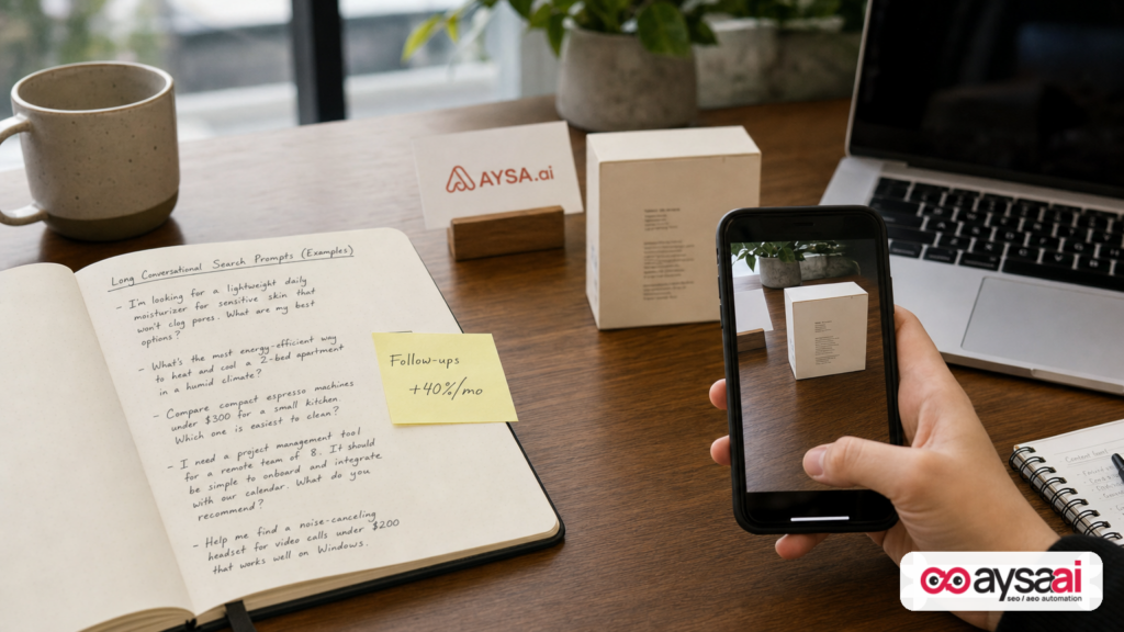 Workspace showing long conversational search prompts and a phone camera capturing a product for multimodal AI search.
