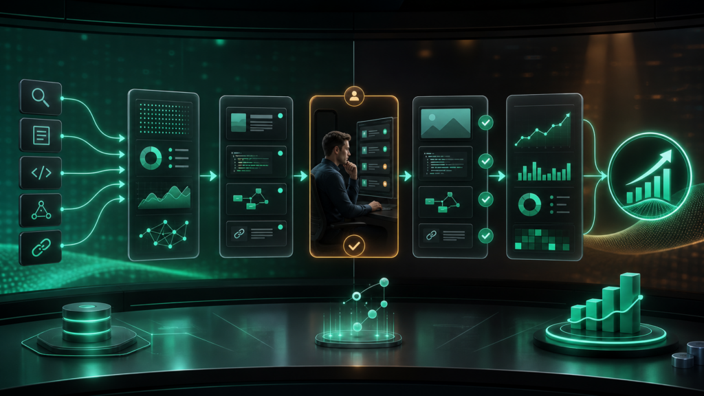 AYSA.ai workflow illustration showing SEO research, human approval, publication, measurement and iteration