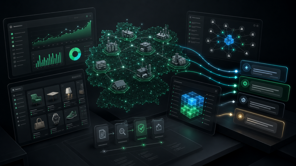 Editorial data visualization of the German SEO and AI search market with ecommerce and Mittelstand signals