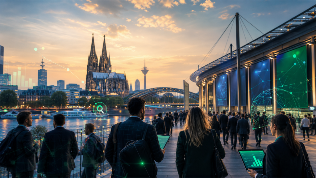 Editorial view of Cologne and a European SEO conference atmosphere with AI search data overlays