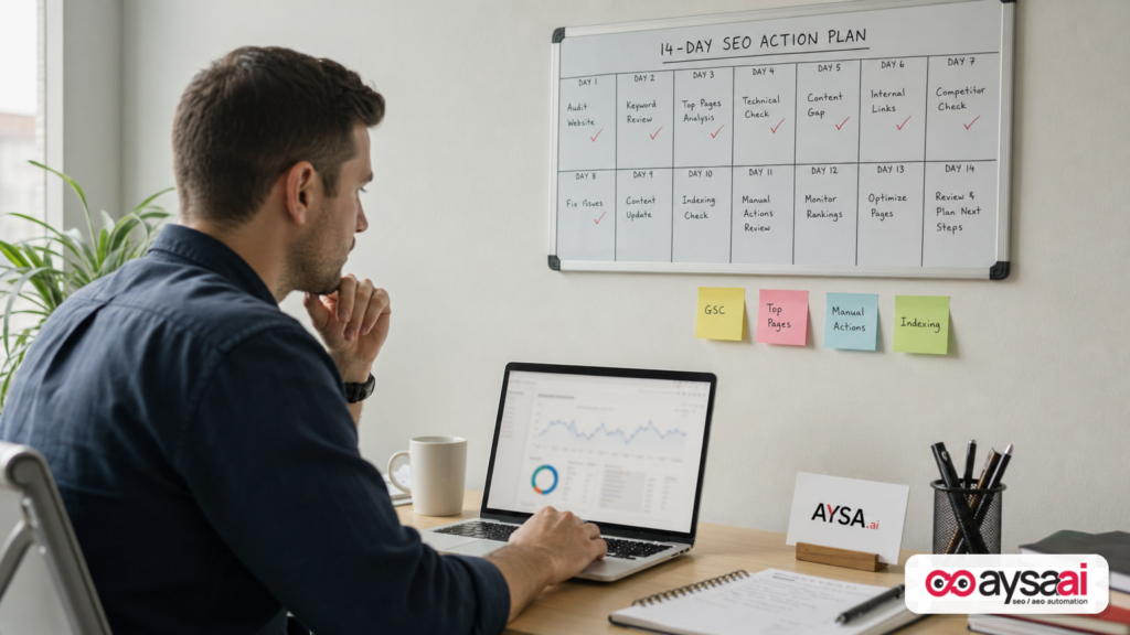 A 14-day calendar plan for monitoring search performance during a spam update rollout.