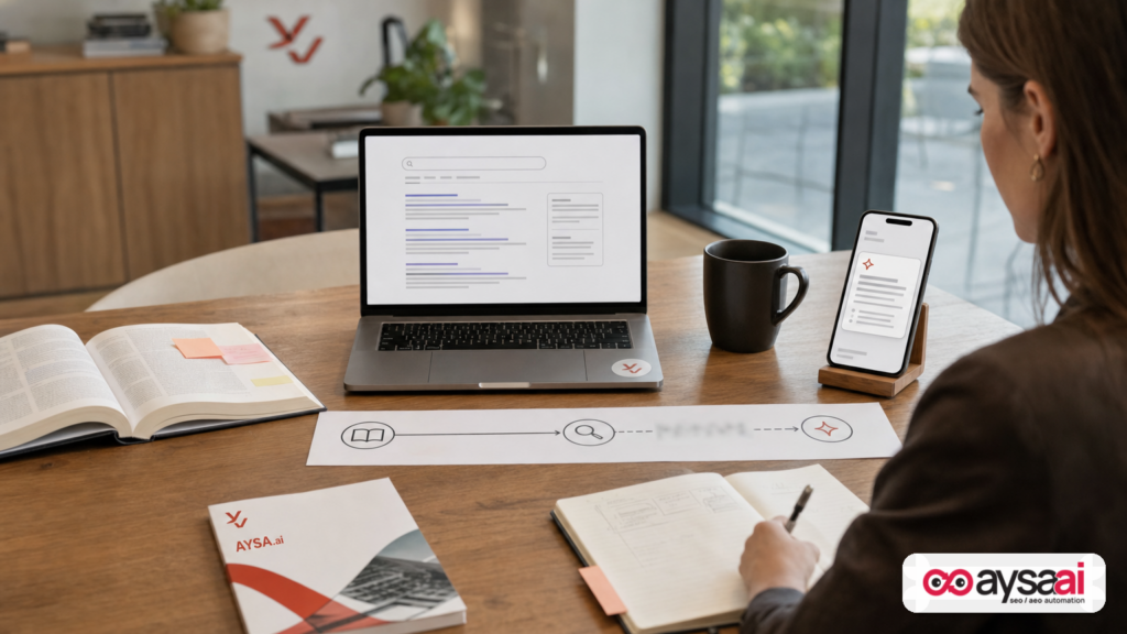A desk scene showing a progression from books to search results to AI answer cards, illustrating how the research journey gets compressed.