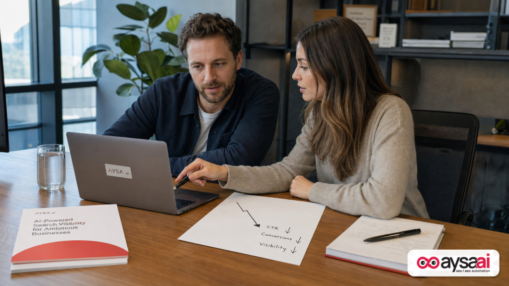 A founder and SEO lead review content performance and quality signals affecting search visibility.