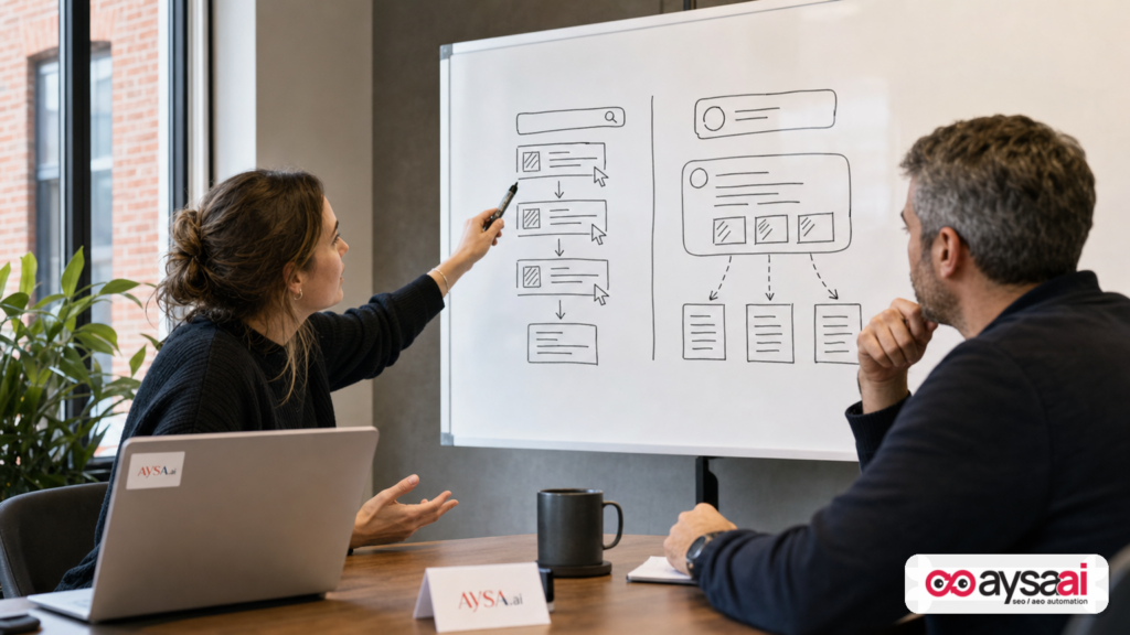 A founder and marketer compare traditional search clicks versus AI answers with citations on a whiteboard.