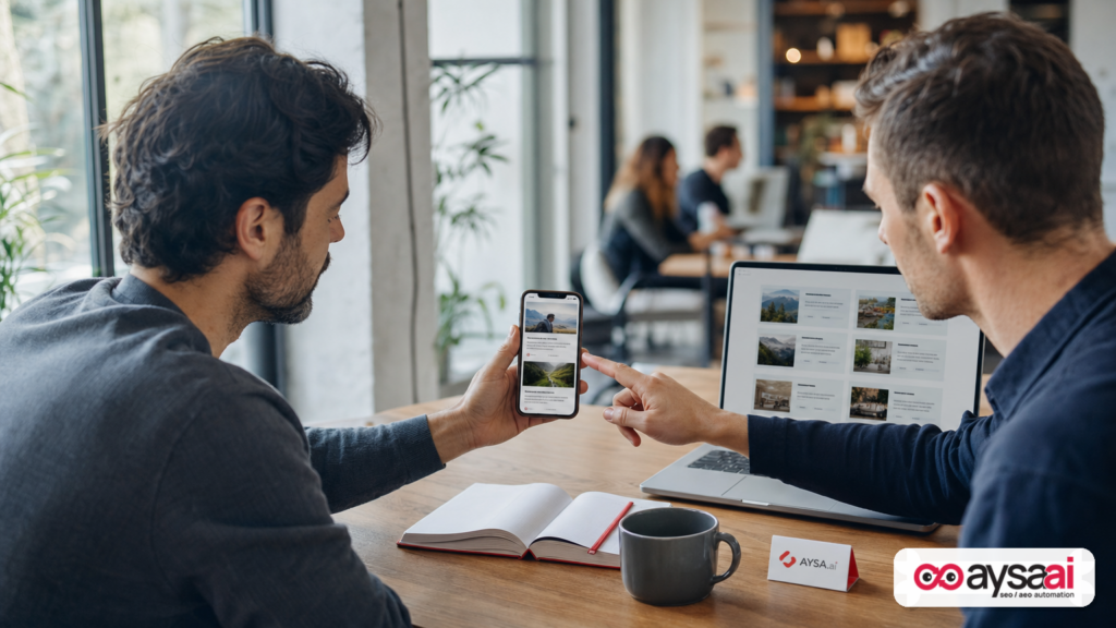 A founder reviewing a phone showing a feed item and a topic overview with multiple sources.
