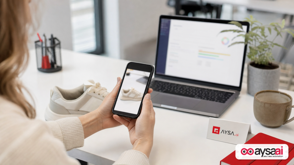 A marketer uses a smartphone camera to search for a product while reviewing analytics on a laptop.
