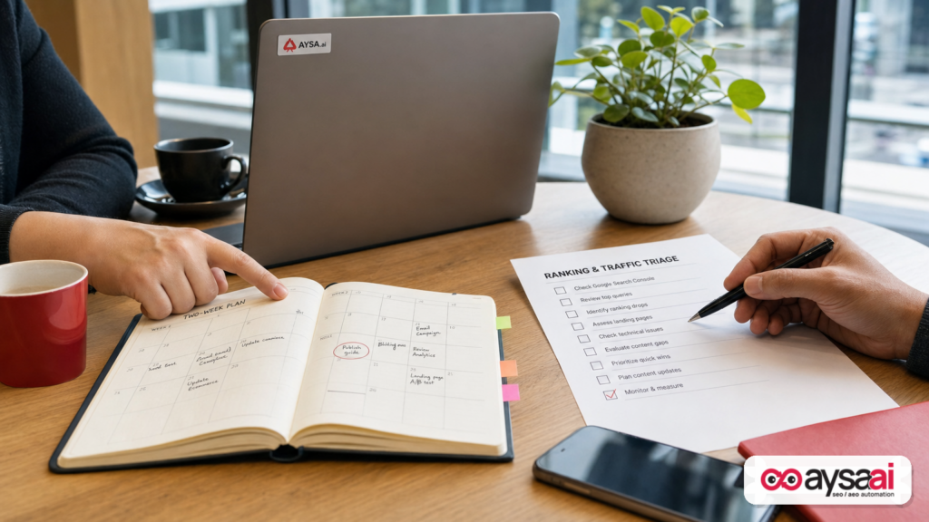 A small business team planning a two-week response to a Google spam update using a checklist and calendar.