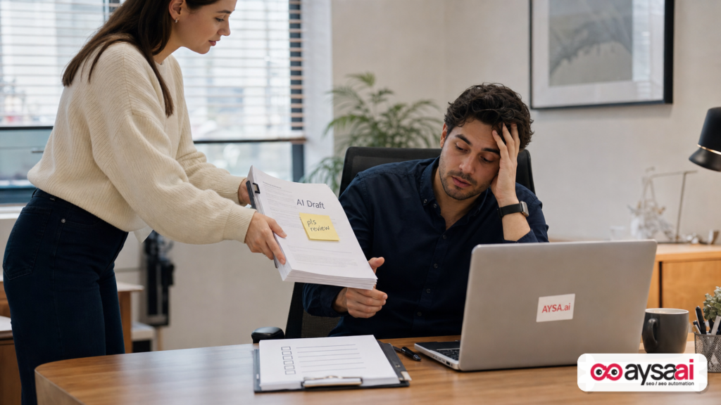 A team member hands an unreviewed AI draft to a colleague, illustrating work shifting through AI output.