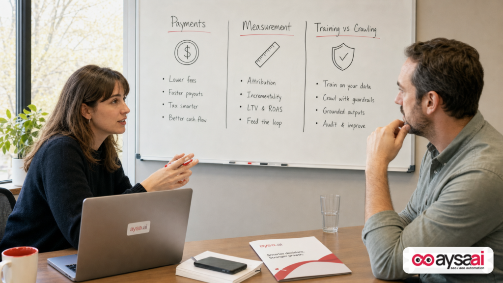Agency strategist and business owner mapping payments, measurement, and training-vs-crawling changes on a whiteboard.