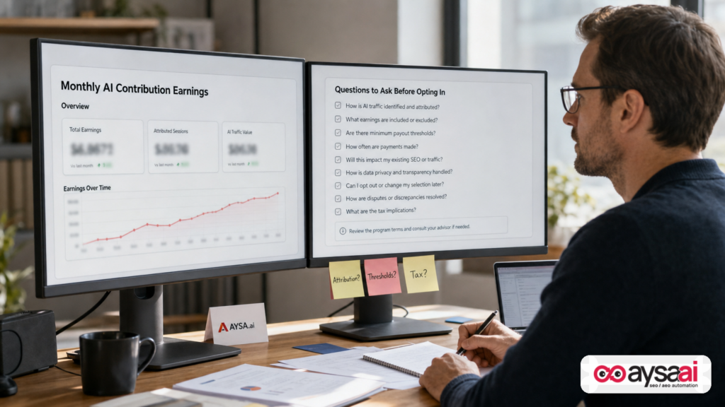 Analyst reviewing a generic AI contribution earnings card and an opt-in checklist.