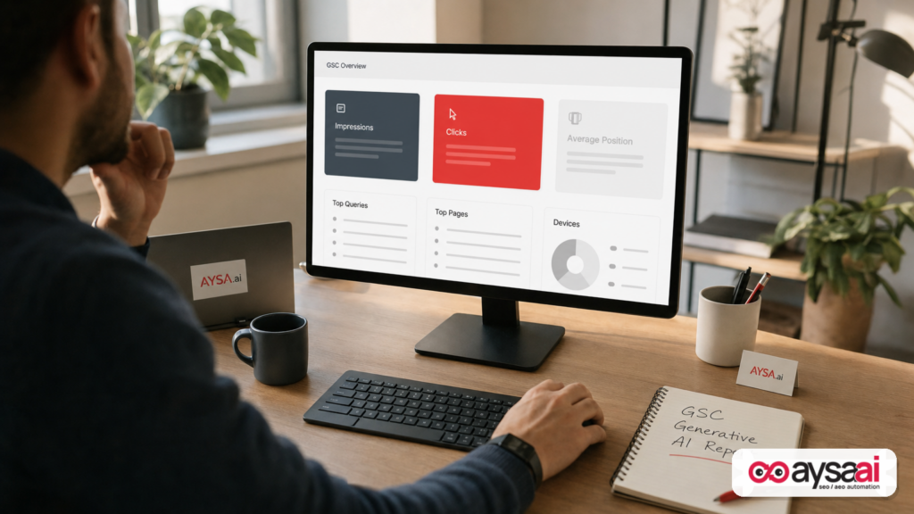 Analytics workspace illustrating that some AI search reporting includes impressions but not click metrics.
