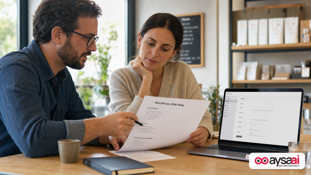 Business owner and developer reviewing a WordPress risk checklist covering access, plugins, backups, and releases.