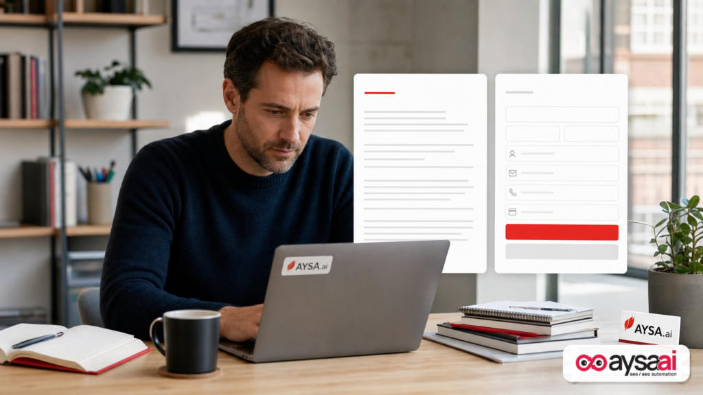 Business owner comparing a text-only view to an actionable web form on a laptop.