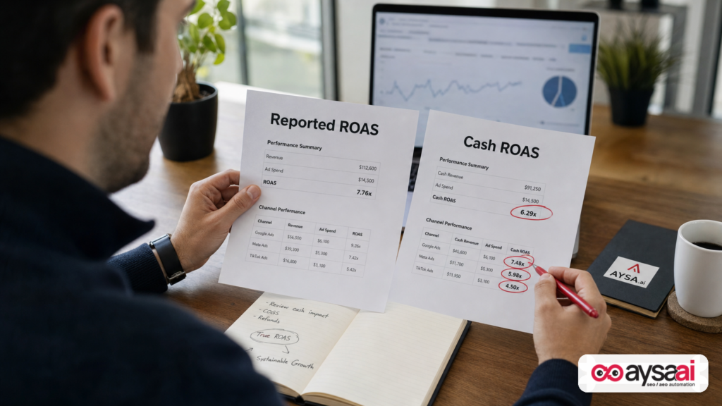 Business owner comparing reported ROAS versus cash ROAS on printed sheets with differences circled.
