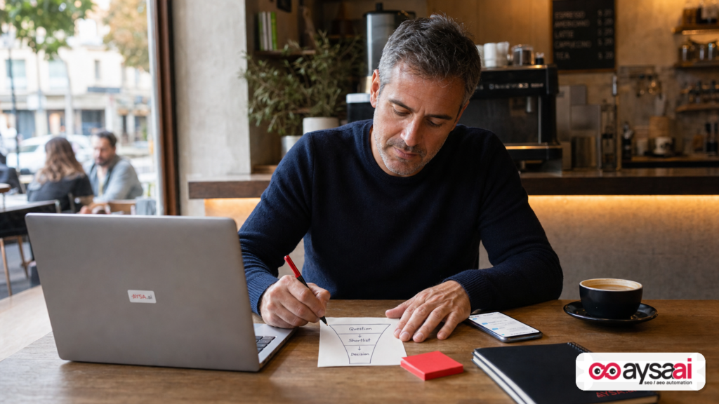 Business owner mapping a new customer journey from question to decision using a chat interface.