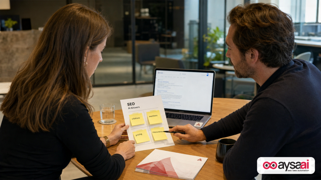 Client and freelancer reviewing an SEO brief and an AI answers brief side-by-side.