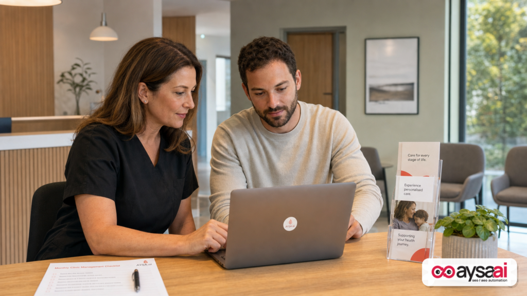 Clinic manager and marketer review appointment performance on a laptop at a front desk.