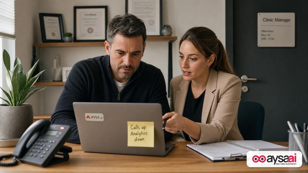Clinic manager reviewing leads while analytics shows less website traffic.