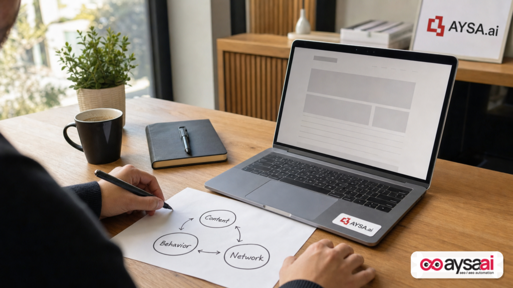 Desk scene illustrating content, behavior, and network signals used in spam detection, with subtle AYSA.ai branding.