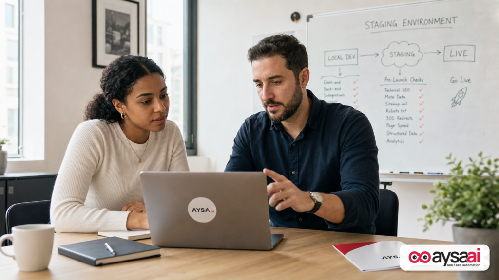Developer and SEO reviewing a pre-launch website checklist on a laptop.