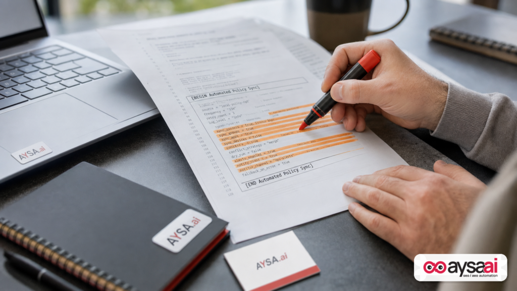 Developer reviewing a printed config file with a clearly marked automated policy sync section at the top.