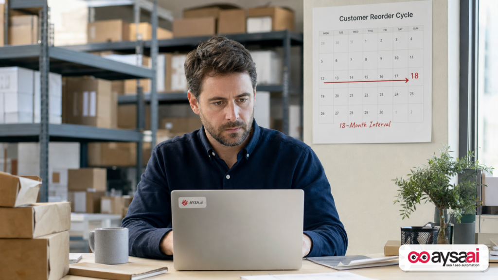 Ecommerce operator reviewing reorder timing with an 18-month interval highlighted on a calendar.