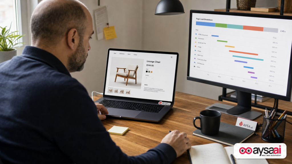 Ecommerce owner reviewing page loading resources where scripts and ads increase load time and complexity.